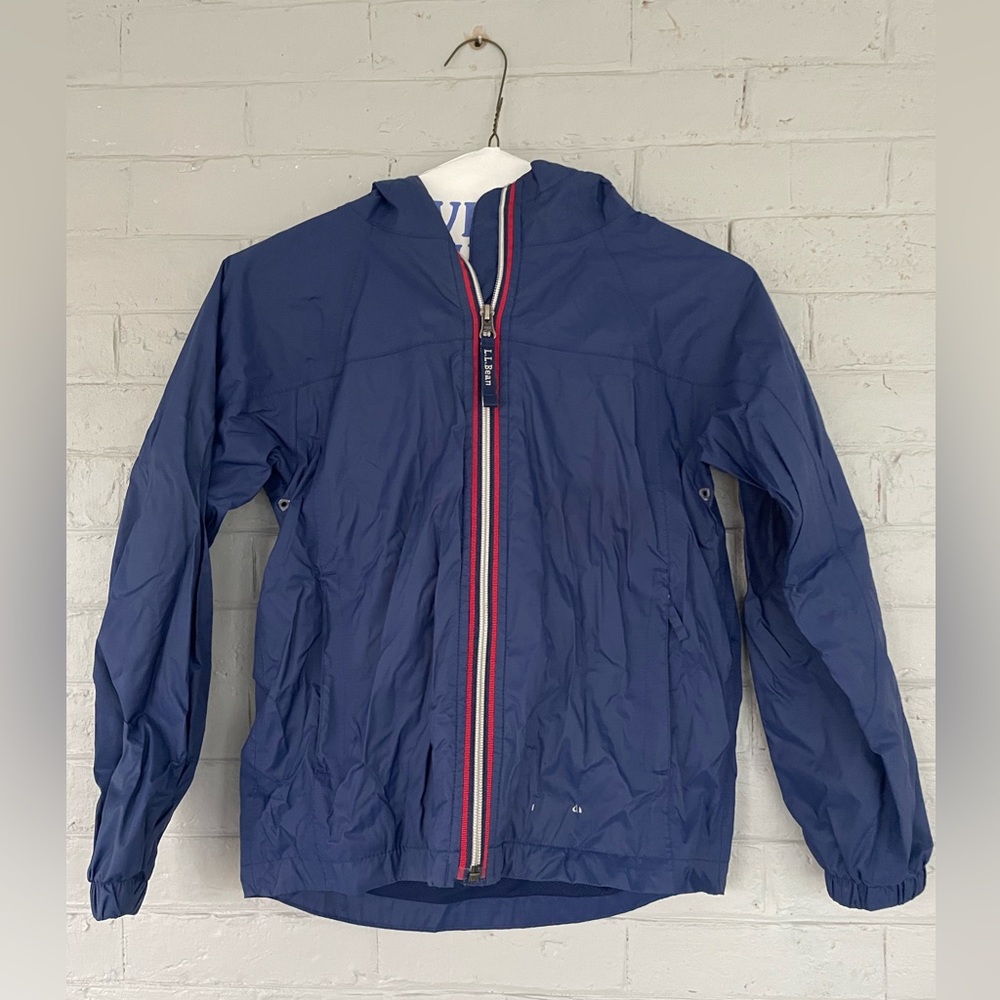 L.L. Bean Kid’s Navy Windbreaker with red and white retro stripe